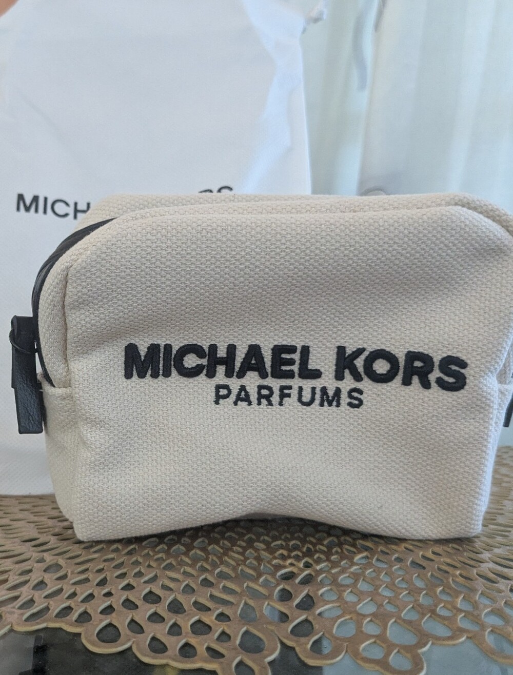 Michael Kors Beige Canvas Toiletry Pouch with Black Trim